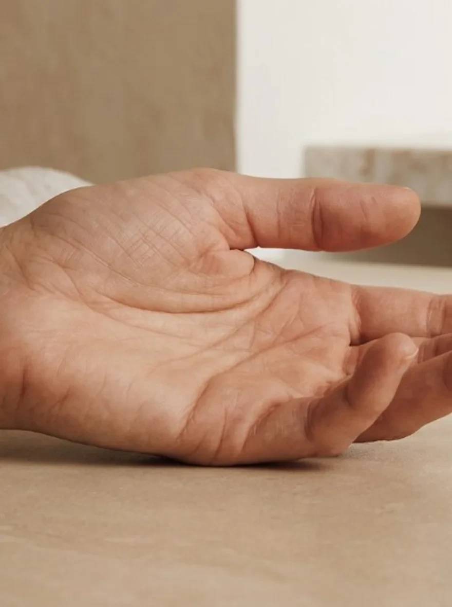 Zijaanzicht van een ontspannen handpalm voor Dupuytren.