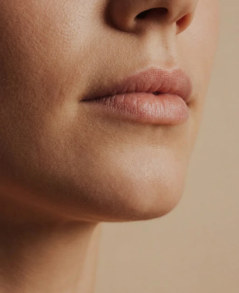Discreet zijprofiel van lippen voor fillers.