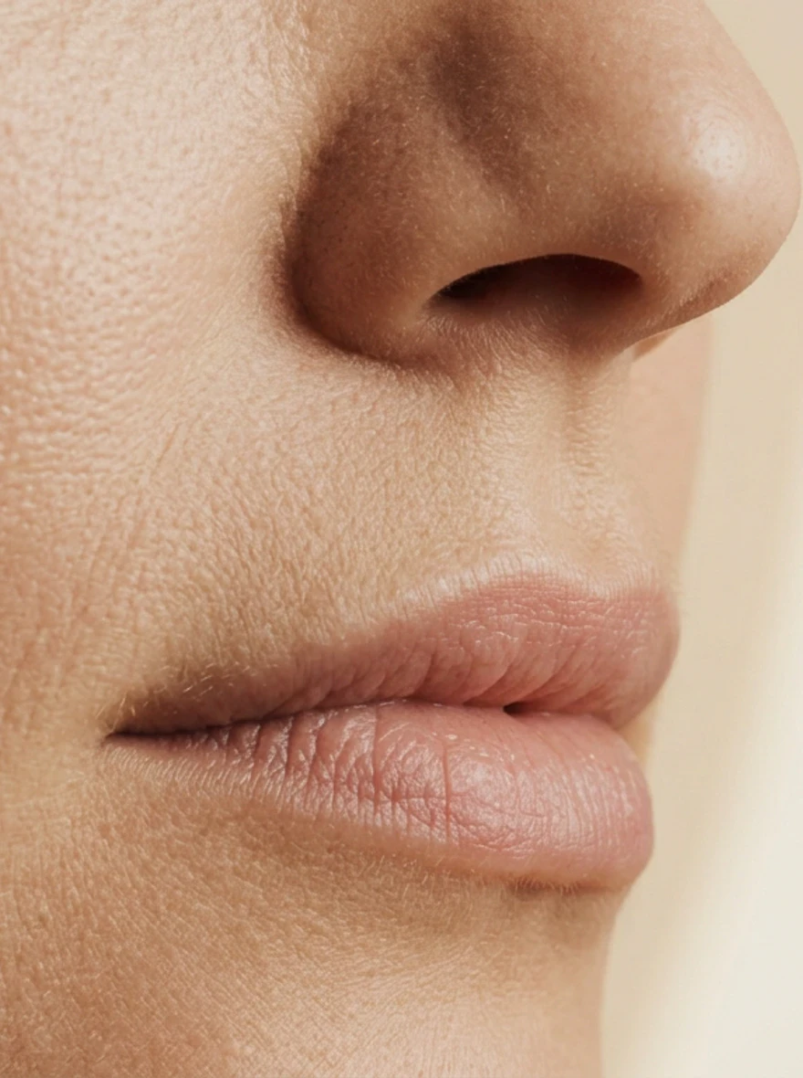 Discreet detailbeeld van lippen en neus voor liplift.