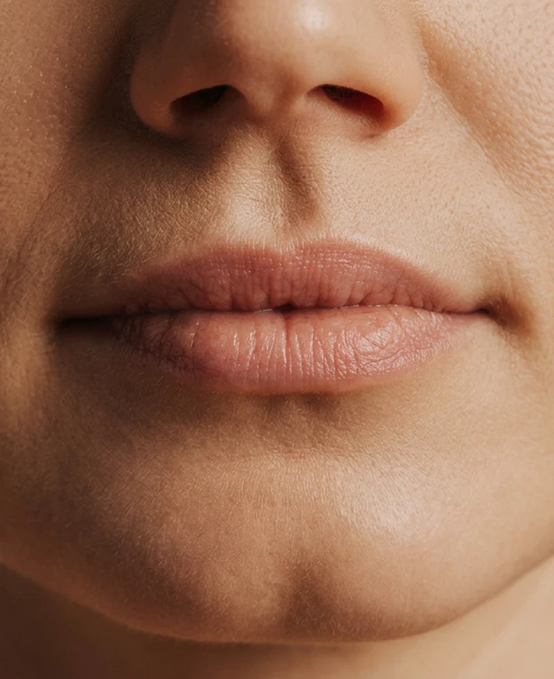 Discreet close-up van lippen en neus-lipafstand voor liplift.