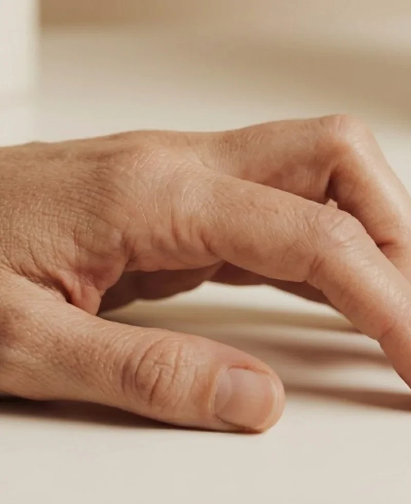 Hand met gebogen vingers, kenmerkend bij springvinger.
